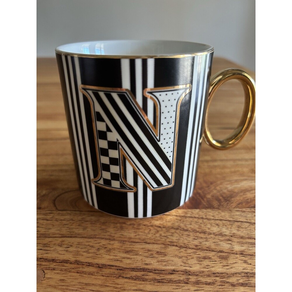 MacKenzie Childs My Mug  N Coffee Cup Monogram black, white, gold